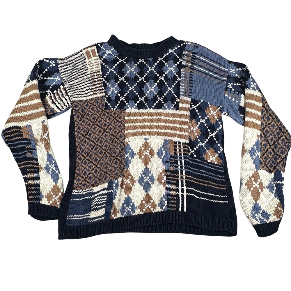 Eclectic Grandpa Tall XL Blue Patchwork Argyle Knit Sweater Ramie Cotton Blend